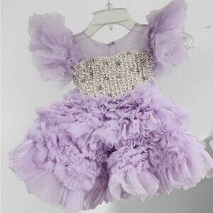 Embellished Layered Lilac Dress with Detachable Trail and Bow